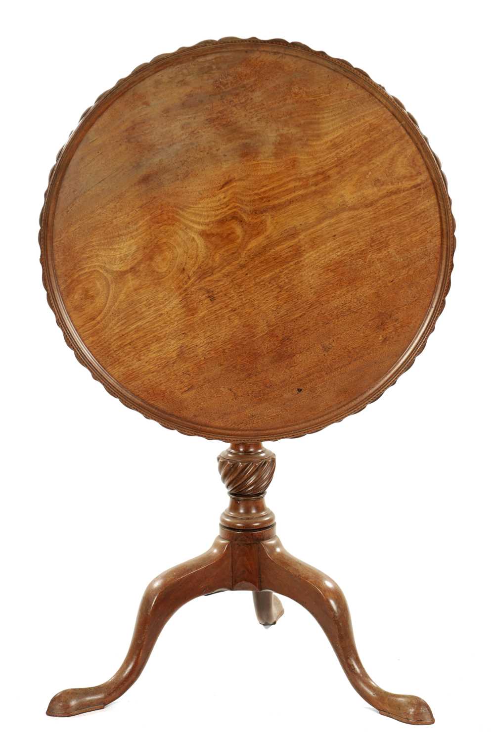 A FINE 18TH CENTURY CIRCULAR WAVY EDGED MAHOGANY TILT-TOP TRIPOD TABLE