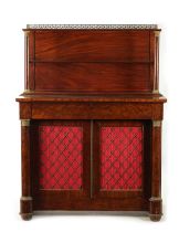 A GOOD REGENCY FRENCH EMPIRE FIGURED MAHOGANY SECRETAIRE SIDE CABINET