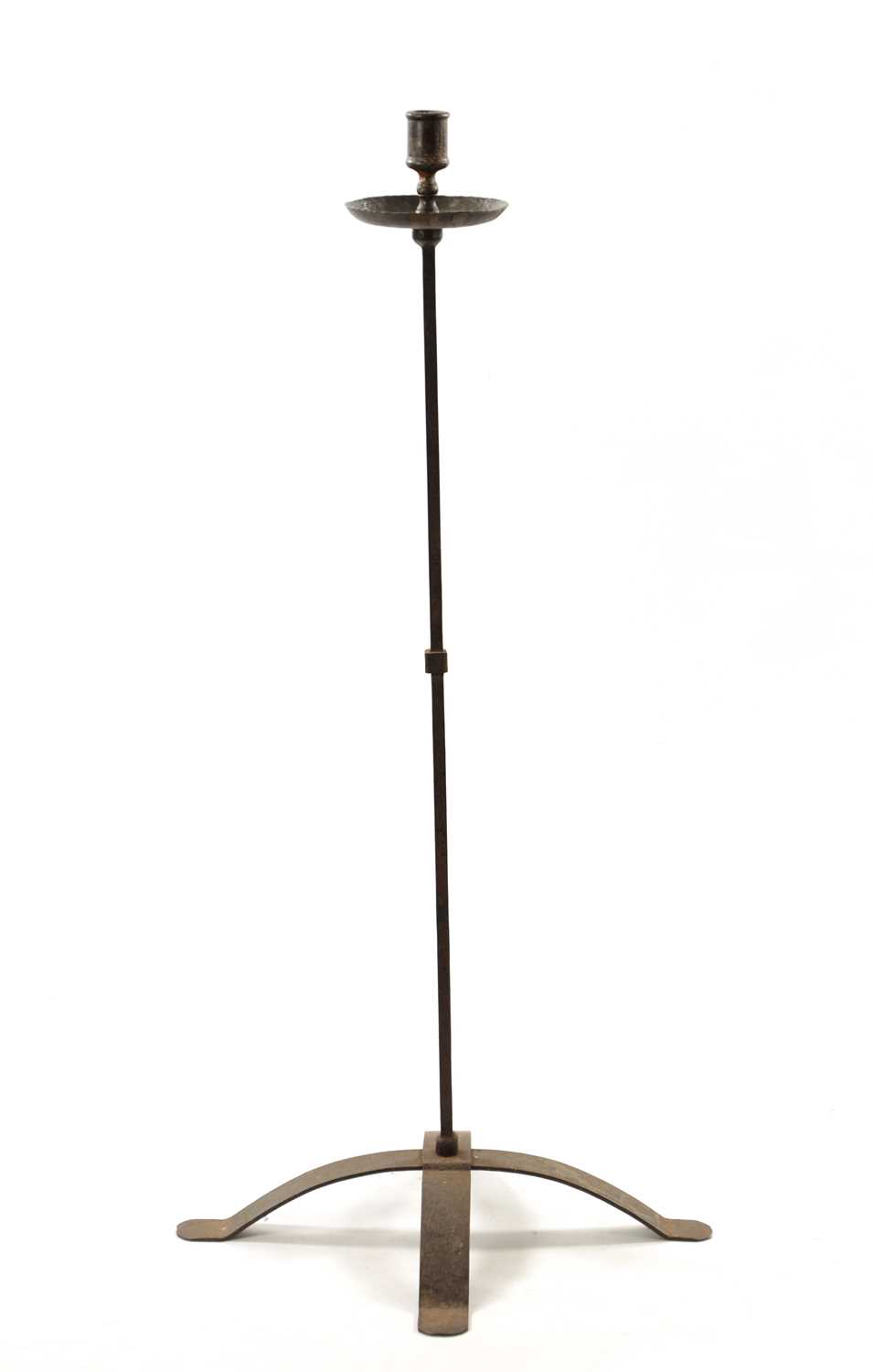 AN 18TH / 19TH CENTURY WROUGHT IRON FLOOR STANDING CANDLESTICK