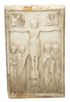 A FINE 19TH CENTURY CARVED CARREA MARBLE PLAQUE DEPICTING THE CRUCIFIXION