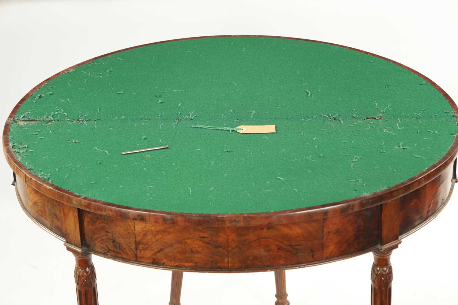 A LATE 18TH CENTURY DEMI LUNE CARD TABLE ON FLUTED LEGS IN THE MANNER OF GILLOWS - Image 7 of 7