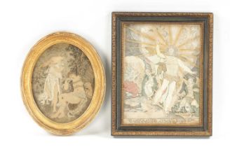 AN 18TH CENTURY SMALL OVAL TEXTILE PICTURE TOGETHER WITH AN EARLY TEXTILE COLLAGE PRINT OF CHRIST