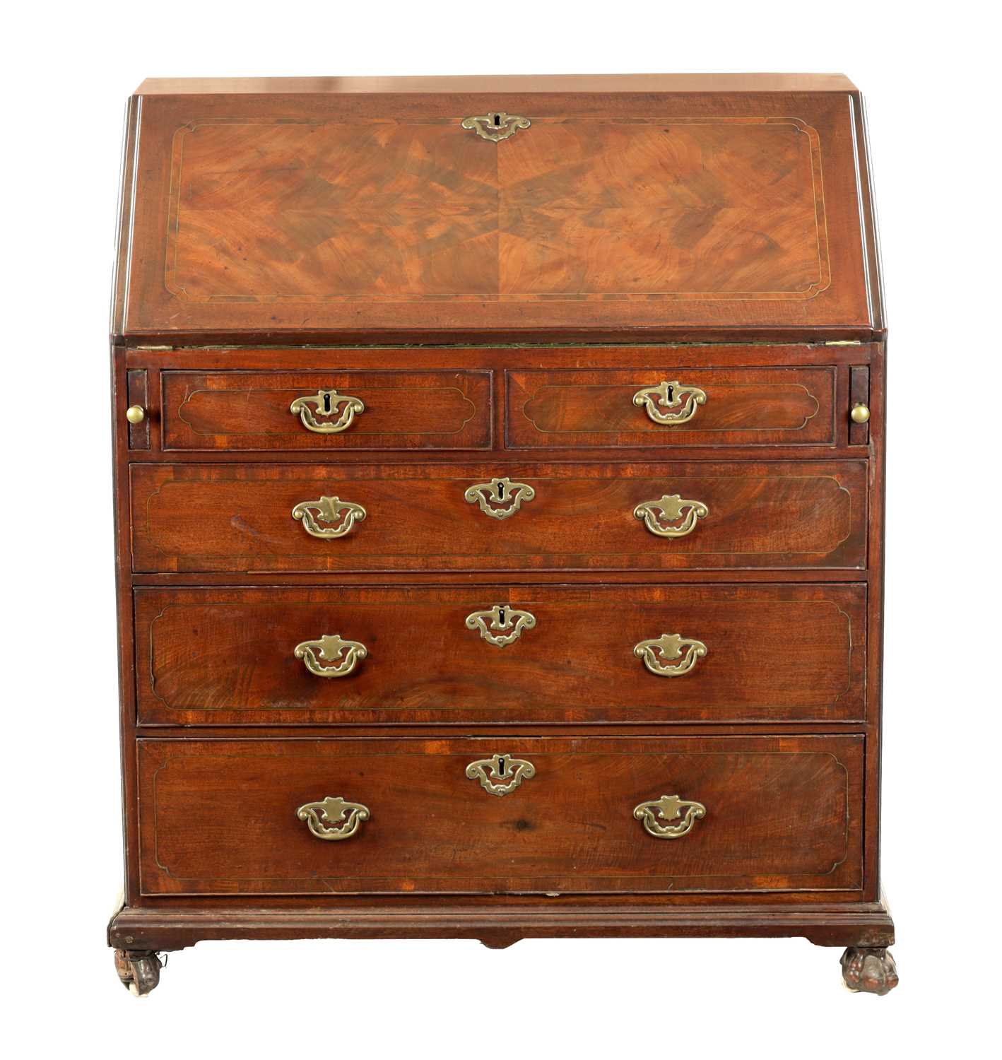 AN IMPORTANT FINE GEORGE II BRASS INLAID FIGURED MAHOGANY BUREAU ATTRIBUTED TO JOHN CHANNON