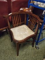 Edwardian Mahogany Walnut inlaid corner chair with upholstered seat