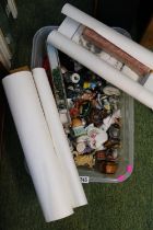 Box of assorted Bygones and 3 Chinese scroll pictures