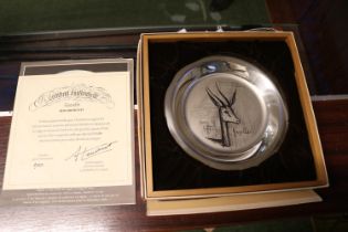 Boxed Bernard Buffet 1973 La Gazelle Silver plate with certificates. 20cm in Diameter