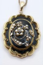 Large Victorian Mourning Locket with black applied enamel, Seed pearl foliage and claw set Old Cut