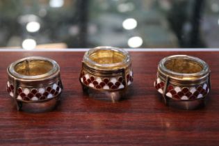 Set of 3 Hommet Russian Silver Enamelled Caviar Cauldron design with matching glass liners marked to