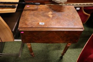 19thC Walnut drop leaf shaped top table with fall front drawer over fluted legs and brass casters