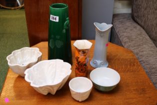 Japanese Green glazed Vase, Burleigh ware ewer, 3 Jelly Moulds and assorted ceramics