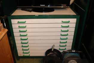 Mid Century Plan Chest with Green metal frame and plastic handles