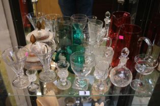 Collection of 19thC and later glassware inc. Cranberry Jug, Thistle glasses, Caithness Smokey