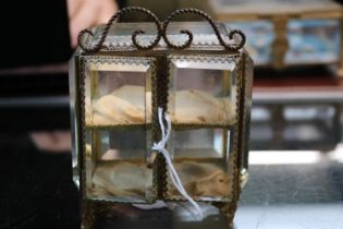 19thC Bijoux glass panelled Jewellery Casket with gilt metal fittings supported on paw feet 9.5cm in