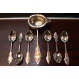 European White Metal Tea Strainer and a set 6 Matching spoons with with engraved detail. 170g