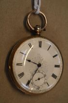 Stauffer Son & Co 14K Gold cased pocket watch with enamelled roman numeral dial and engraved case.
