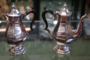 Finnigans of Manchester Silver A1 Plated Coffee pot and Chocolate pot of panelled form. 15.5cm in