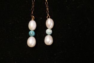 Pair of Ladies Pearl and Turquoise set drop earrings
