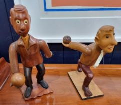 Two Romer Vintage Italian Wood Hand Carved Men Playing Bowls c1950's. Heights 28.5cm and 25cm.