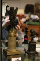 19thC Bronze figure of Putti on Brass patterned base and a Bronze Bust of a Child on column base