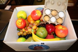 Large box of assorted Faux display Fruit to include Apples, Grapes, Banana etc