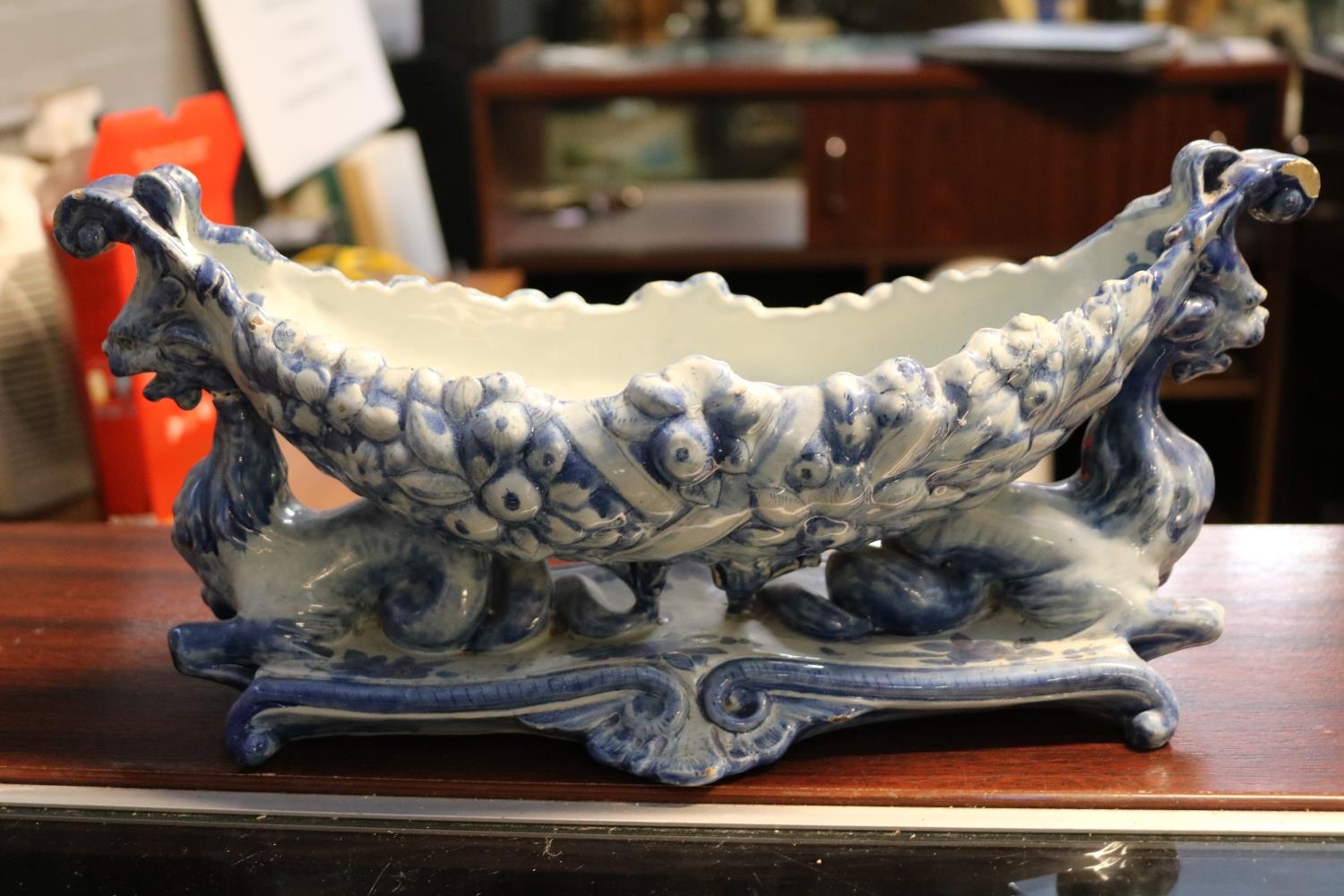 19thC Italian Cantagalli Maiolica table centrepiece in blue glaze with griffin supports. 36cm in - Image 6 of 7