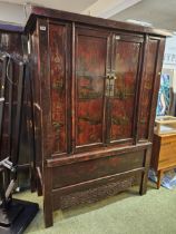 Antique Chinese Chinoiserie Lacquered Armoire Shanxi type decorated with Temple scenes with