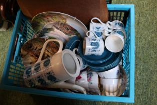 Box of assorted Ceramics inc. 1970s Coffee set, Mid Century Wall mirror etc