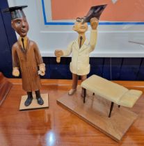 Two Romer Vintage Italian Wood Hand Carved Figures, Doctor with X-Ray and Graduate c1950's.