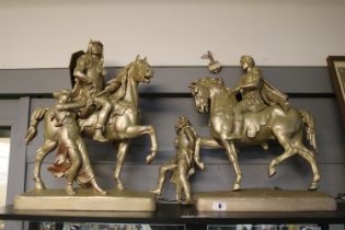 Pair of Late 19thC Large Painted spelter painted figures of a Roman on horse back with another