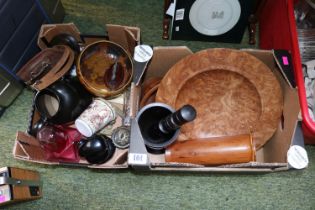 2 Boxes of assorted Bygones inc. Tim Stokes Burr Elm bowl, Roberts Radio, Doulton bowl etc