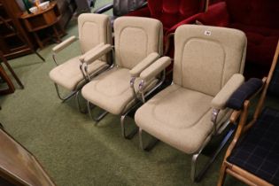 Set of 3 Mid Century Chrome framed upholstered Elbow chairs Gordon Russell Style Lounge chairs