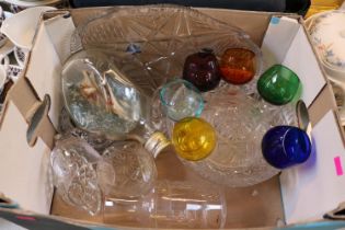 Box of assorted Glassware to include Ship in a bottle, Coloured drinking glasses etc