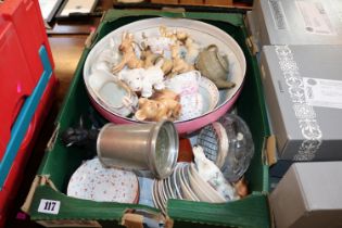 Box of assorted ceramics and bygones inc. Sylvac, Royal Doulton etc