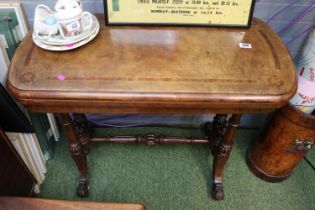 Victorian Walnut Fold Over Card Table with Inlaid decoration and Turned Supports over Scroll