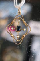 Edwardian 9ct Gold Sapphire & Seed Pearl set Pendant stamped J B