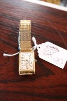 Gents 18ct Gold Rectangular faced wind up watch with expanding gilt bracelet