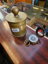 1917 Military Field Compass and a Heavy Brass Trench Art WWI Lidded Tobacco cannister