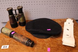 Territorial Telescope No.3, Pair of Binoculars, HMS Wrens Cap and a White Belt marked M J Nuttall