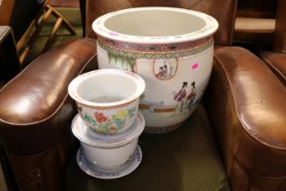 Large Chinese Republic Famille Rose Planter/Fishbowl and 2 Smaller planters