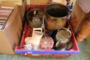 Box of Antique Brass and Copperware inc. Chestnut warmer, Log Bucket, Brass Watering Can etc