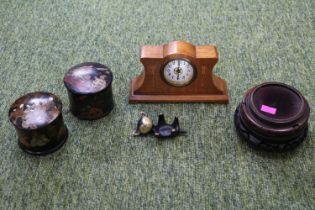 Edwardian Inlaid Mantel clock with numeral dial, 3 Japanese paper Mache powder pots, Walter Bosse