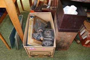 Collection of Bygones and pictures to include Carriage Lamps, Chess Set, Records etc