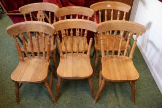 Set of 6 20thC Pine Kitchen chairs with turned spindles and legs