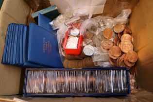 Box of assorted British coins to include First Decimal Sets, 50p Coins, Penny Coins