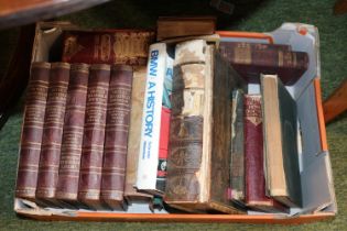 Box of assorted Antiquarian and other books to include Virtues Household Physician, Mrs Beetons,
