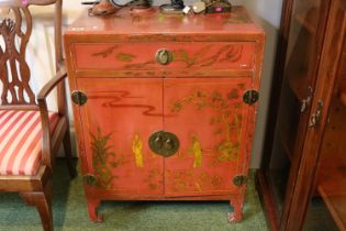 Chinese lacquered Chinoiserie Cabinet with drawer and brass fittings