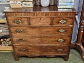 19thC Mahogany chest of 3 over 3 drawers with oval brass drop handles with bracket apron front