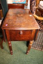 19thC Walnut topped drop leaf side table on fluted legs and brass casters