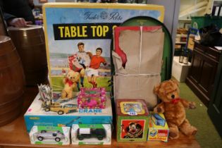 Tudor Rose Table Top Soccer boxed, Mettoy Jack in a box, Hercules Power Crane, Muffin the Mule etc