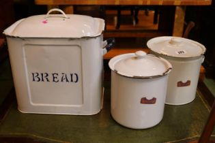 Collection of 3 Enamel Tins inc. Bread Tin and 2 Flour lidded tins